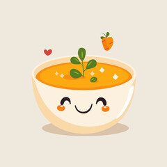 A cartoon bowl of soup with a carrot and a leaf on top