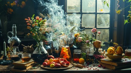 Enchanting alchemy setup with mystical books and herbal mixtures