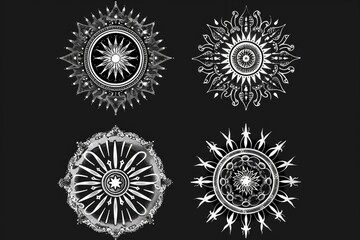 Four circular designs on a black background. Suitable for various graphic design projects