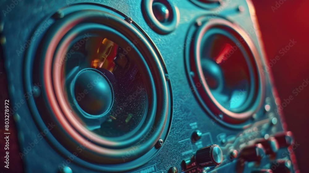 Poster A close up image of a speaker with a red light in the background. Suitable for technology and music related projects