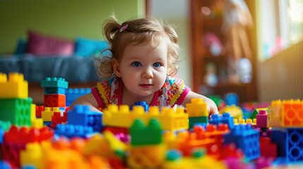 Portrait a happy lovely toddler playing plastic blocks in home. AI generated image