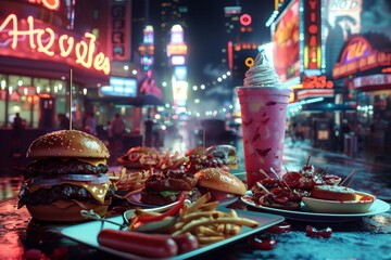 Neon diner fantasy with burgers and shakes