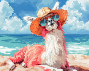 Fototapeta premium A llama wearing a straw hat and sunglasses is relaxing on the beach