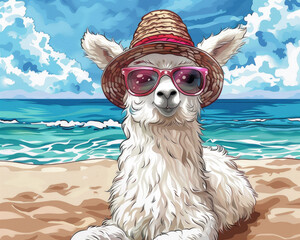 Fototapeta premium A llama wearing a straw hat and sunglasses is relaxing on the beach.