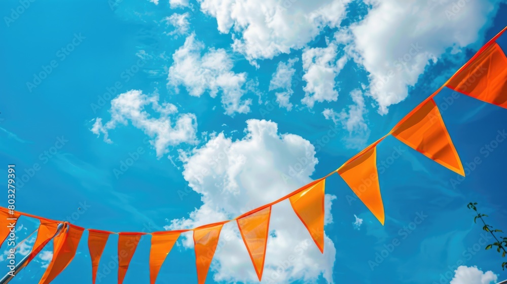 Poster orange flags hanging from the side of a building, suitable for construction or event promotion