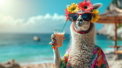 Fototapeta premium A llama wearing sunglasses and a flower crown is drinking a cocktail on the beach.