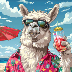 Fototapeta premium A llama wearing sunglasses and a hawaiian shirt is drinking a cocktail on the beach.