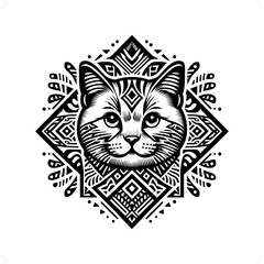 british Shorthair cat silhouette in animal ethnic, polynesia tribal illustration