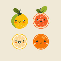 cartoon fruits orange and a lime, are smiling