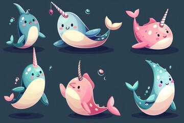 Obraz premium Cute cartoon narwhali in different poses, perfect for children's illustrations or marine-themed designs