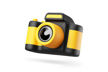 Cute 3d cartoon photo camera in bright yellow and black color isolated on white background. Design Element for digital content or photography workshops concepts. Vector illustration of 3d render.