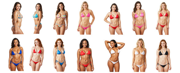 Collection of beautiful women wearing a bikini - set of woman smiling with modern swimwear png - isolated on white or transparent background, diversity, different ethnicities and skin tones, summer hd