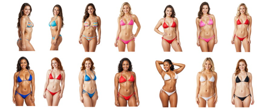 Collection of beautiful women wearing a bikini - set of woman smiling with modern swimwear png - isolated on white or transparent background, diversity, different ethnicities and skin tones, summer hd