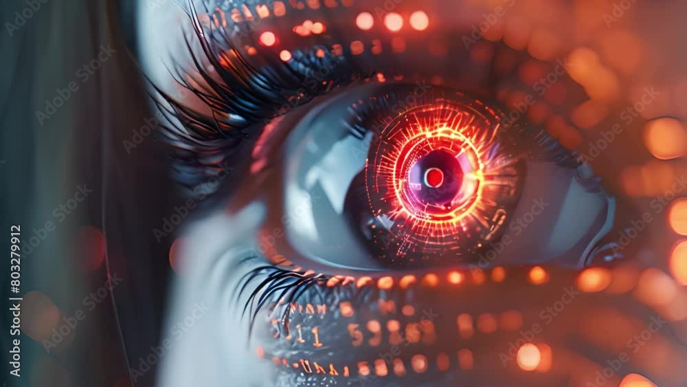 Poster A close-up of an eye with a digital interface projected onto the iris.