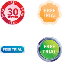 Free demo icons set cartoon vector. Free trial badge and sticker. Promotion strategy