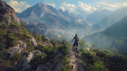 An adventurous mountain biker tackling a rough trail with stunning mountain scenery in the background