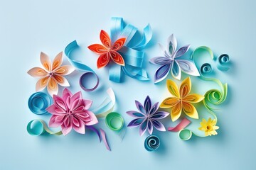Vibrant paper flowers arranged on a blue background. Perfect for craft or spring-themed designs