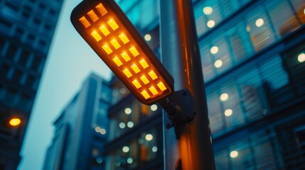 Modern streetlight illuminates urban architecture at night with LED technology