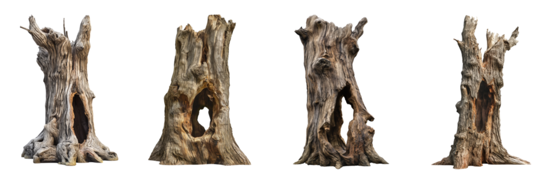 large dead tree trunk with an opening in the middle isolated transparent or white background