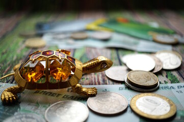 A turtle statuette with coins on the table. A financial symbol.