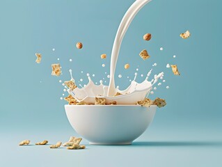 A Captivating Splash of Milk Pouring into a Cereal Bowl,Showcasing Culinary and Refreshing Nutrition