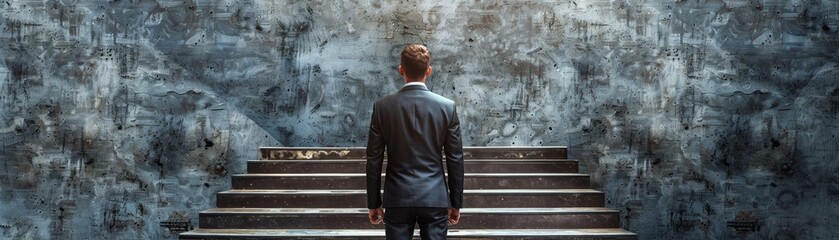 Obraz premium A businessman in a suit standing at the bottom of a staircase.