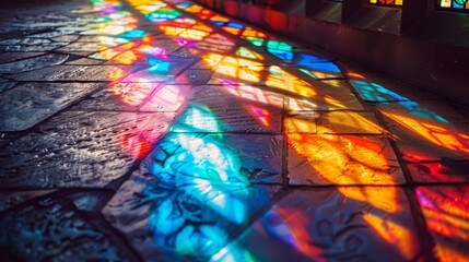 Vivid colors dance on the floor from a stunning stained glass window