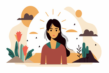 A calm, illustrated lady with sunset and flora