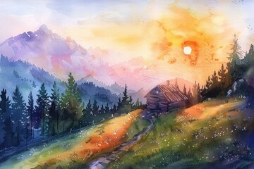 A serene watercolor painting of a cabin nestled in the mountains. Perfect for nature and travel themes