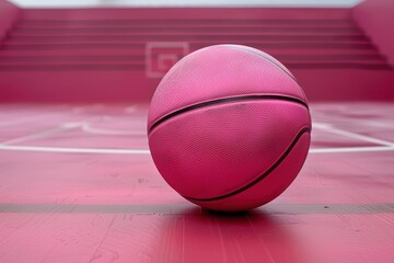 A close-up of a pink basketball on a similarly colored court.