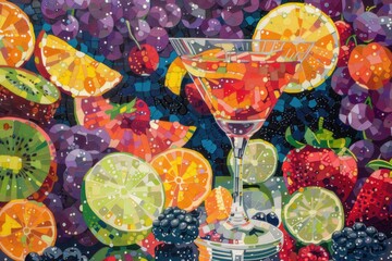 A painting of a martini with fruit on a table. Suitable for cocktail menus or interior decor