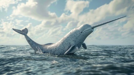 A majestic narwhal swimming gracefully in the ocean. Perfect for marine life or nature concepts - obrazy, fototapety, plakaty