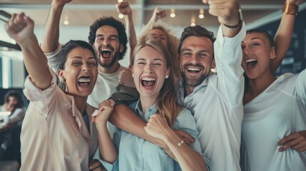 A group of colleagues celebrating a successful project. They are all cheering and hugging each other, and they look like they are really proud of what they have accomplished. 