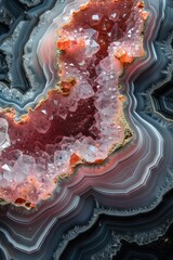 Stunning pink and silver geode closeup, showcasing the intricate patterns of agate in shades of blush pink and silvery gray, sparkling crystals