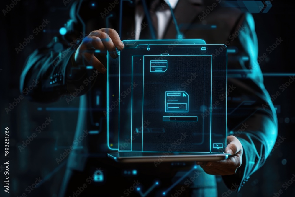 Poster a man in a suit holding a laptop with a glowing e logo. suitable for technology and business concept