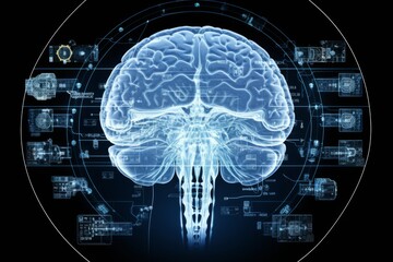 Human brain connected to a chip. Digital brain concept with Network Connections, Generative AI.