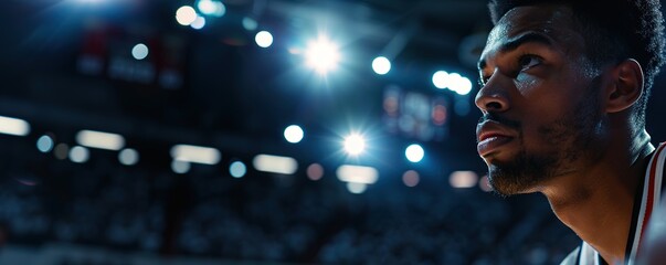 Intense focus of a basketball player with spotlight in an arena.