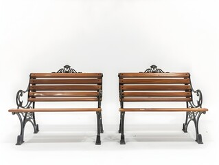 Minimalist Wooden and Metal Park Benches on Clean White Background