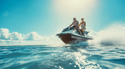 A man and woman are speeding over the sea on a jet ski, spraying water in their wake on a bright sunny day with clear skies