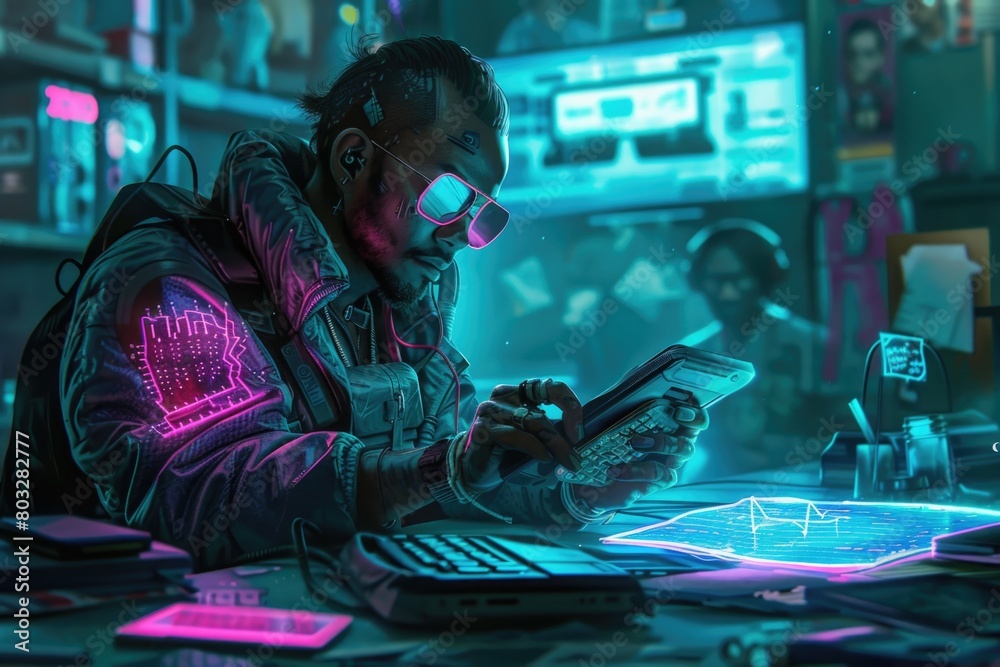 Poster A man sitting at a desk using a cell phone. Suitable for business and technology concepts