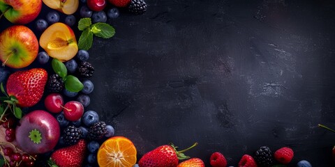 Colorful assortment of fresh berries and fruits, including strawberries, blueberries, and cherries, artfully arranged on a dark slate background.