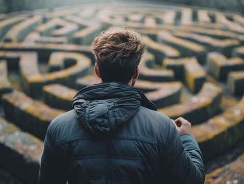 A man standing in front of a hedge maze, trying to figure out which way to go.