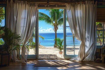 french bay windows into view of beautiful tropical beach