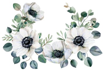 A beautiful wreath made of white flowers and green leaves. Perfect for weddings or springtime events