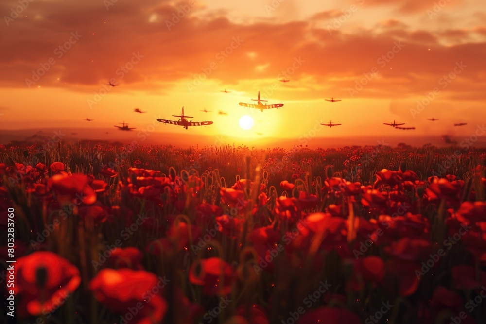 Poster a scenic view of a field full of red flowers with airplanes flying in the sky. perfect for travel an