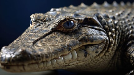 Obraz premium Intense Gaze of a Crocodile, Close up of crocodile face with Vivid Detail and Deep Blue Backdrop.
