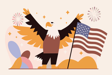 An eagle mascot with the US flag jubilant under fireworks