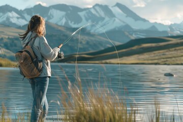 Woman fishing in a serene lake with majestic mountains in the background. Suitable for outdoor and nature themes