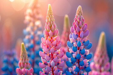 Colorful lupine flowers on blurred background. Selective focus.