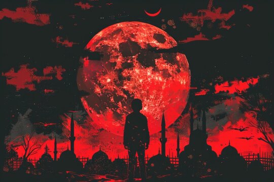 A striking image of a person standing in front of a red full moon. Perfect for fantasy or mysterious themed designs